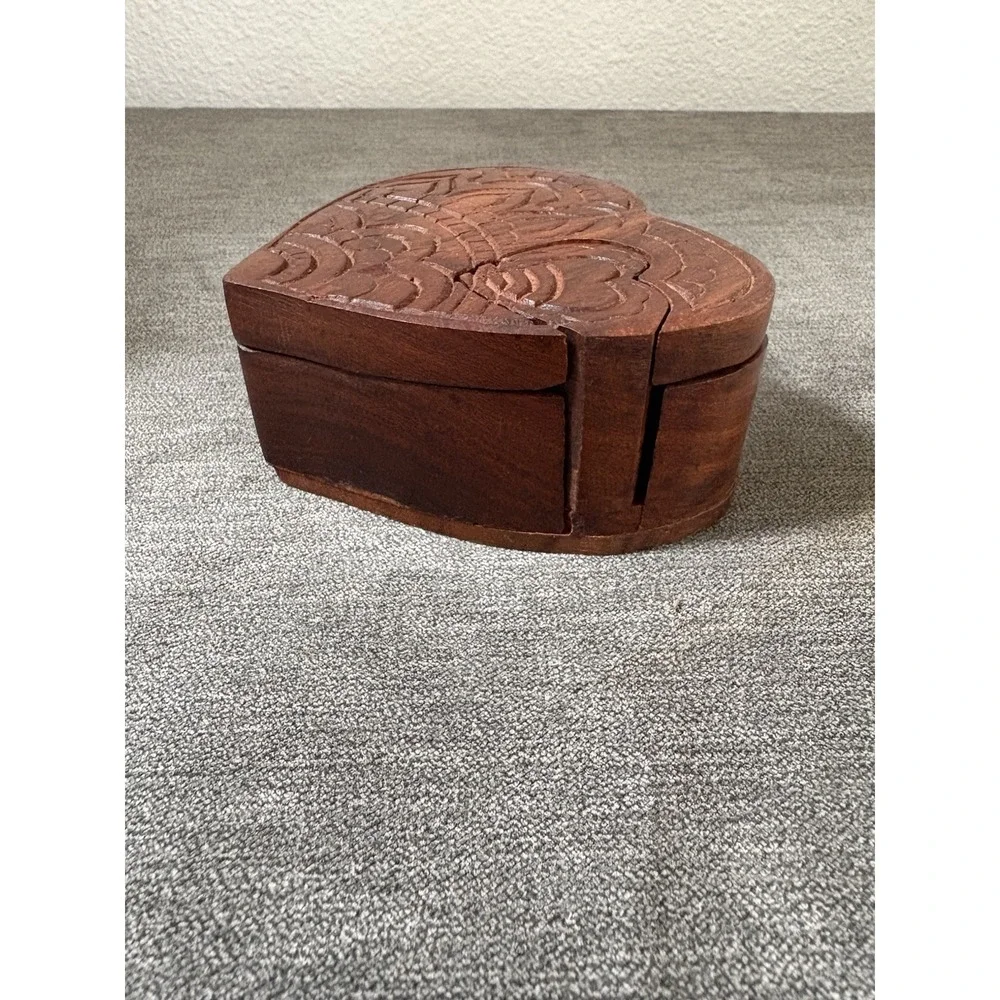 Hand Carved Matr Boomie Wood Wooden Heart Shaped Puzzle Box 3 Pieces Made India